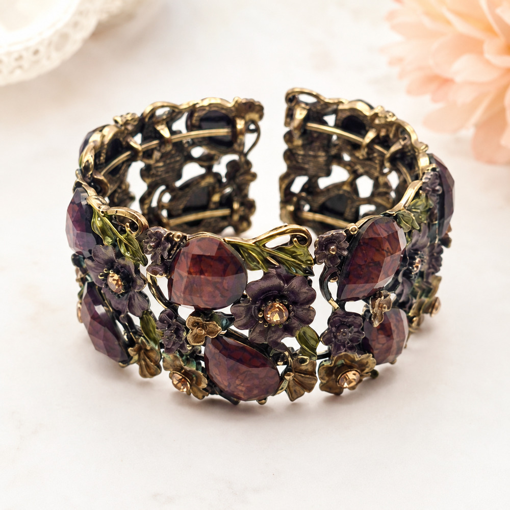 Vintage Purple Rhinestone Floral Garden Hinged Cuff Bracelet Enamel Gold Tone